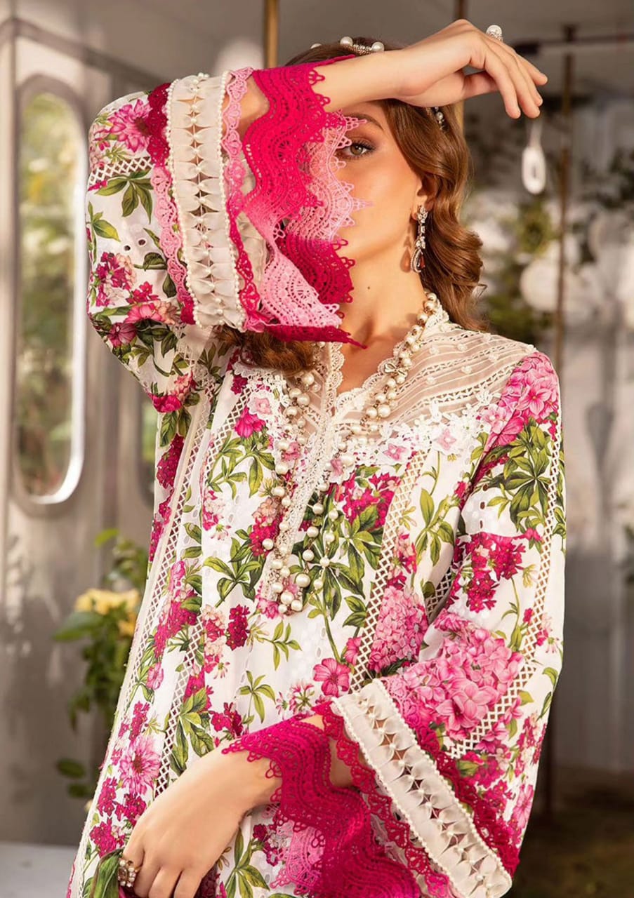 Maria B  New arrival M print Pink Pure Lawn Embroidered  3 piece suit unstitched