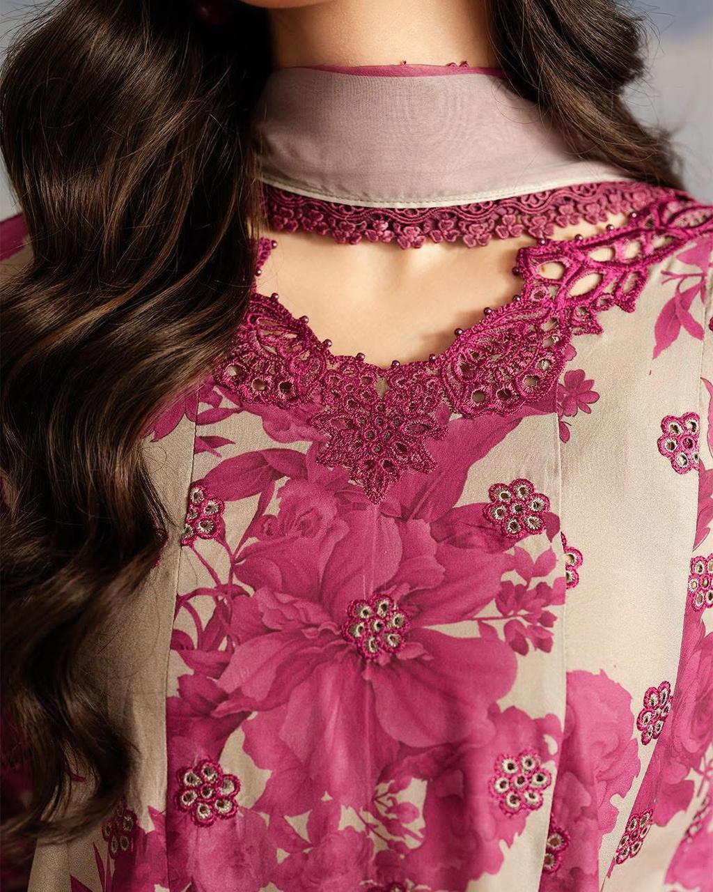 Iznik | Skin Maroon - printed Lawn 3 piece unstitched suit with Chikankari Collection