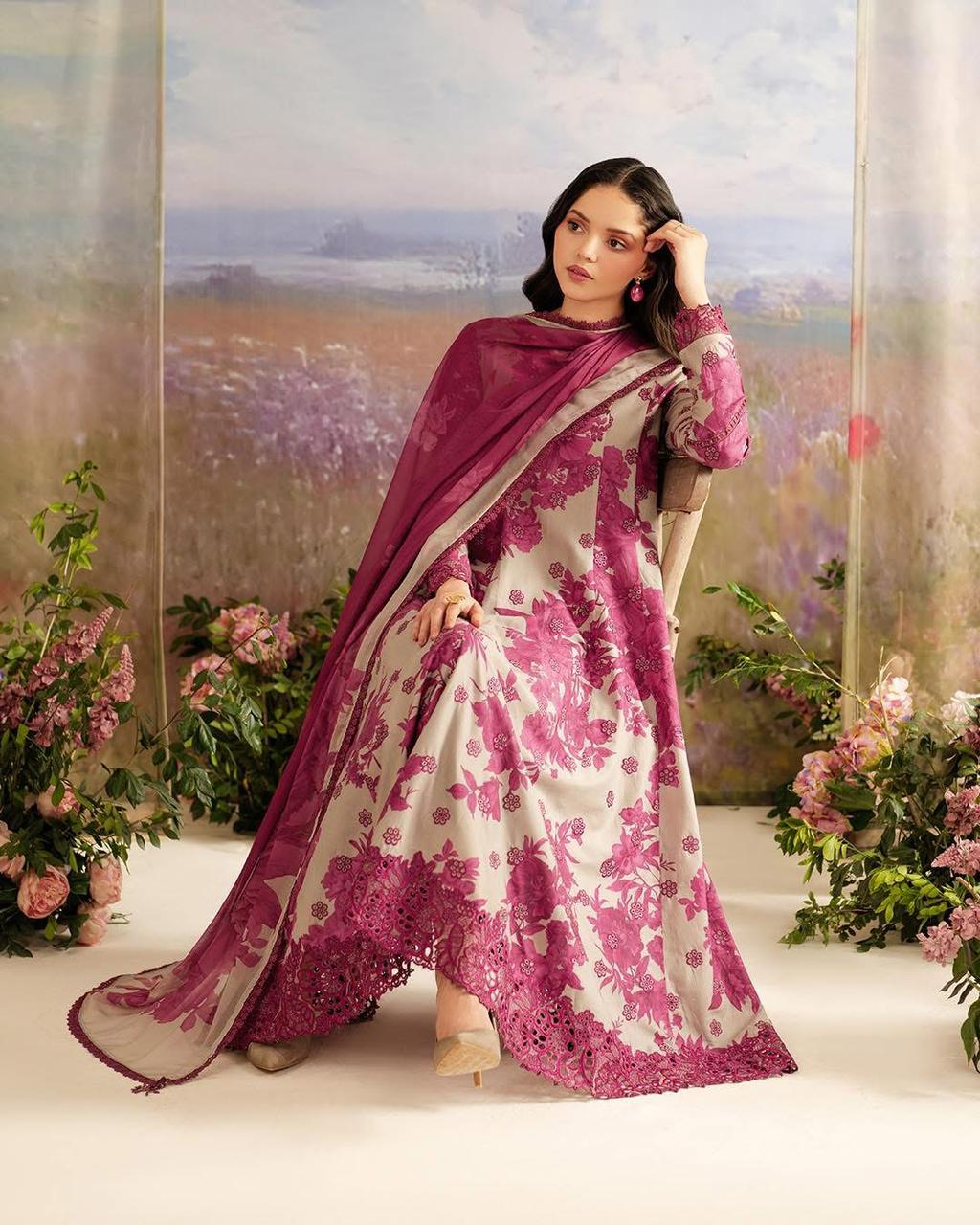 Iznik | Skin Maroon - printed Lawn 3 piece unstitched suit with Chikankari Collection