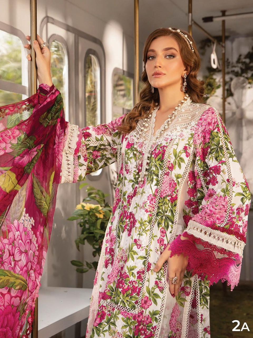 Maria B  New arrival M print Pink Pure Lawn Embroidered  3 piece suit unstitched