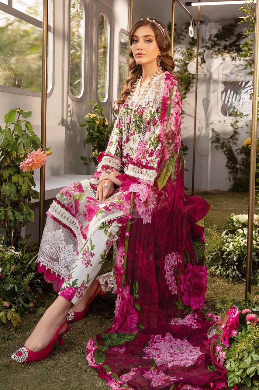 Maria B  New arrival M print Pink Pure Lawn Embroidered  3 piece suit unstitched