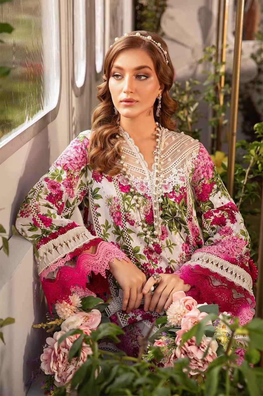 Maria B  New arrival M print Pink Pure Lawn Embroidered  3 piece suit unstitched