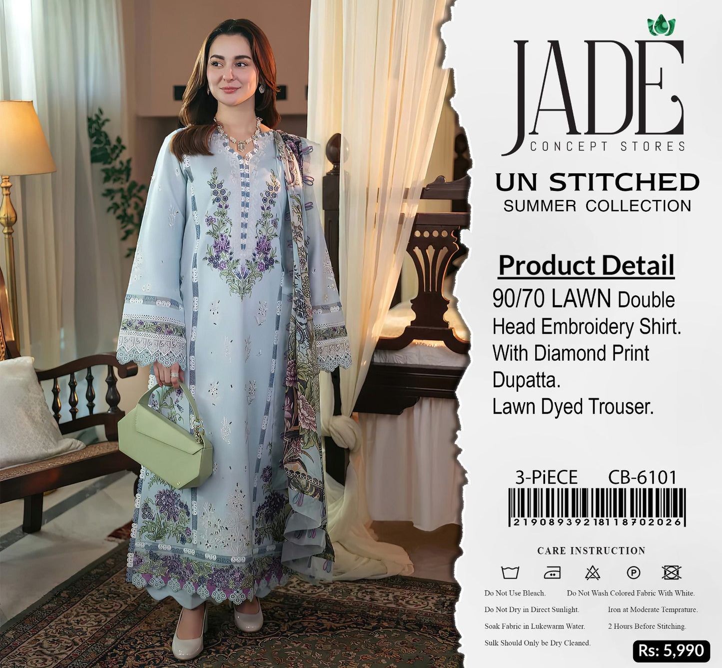 Jade - 90/70 Air jet Lawn | Premium Embroidered unstitched 3 piece Suit for Summer season