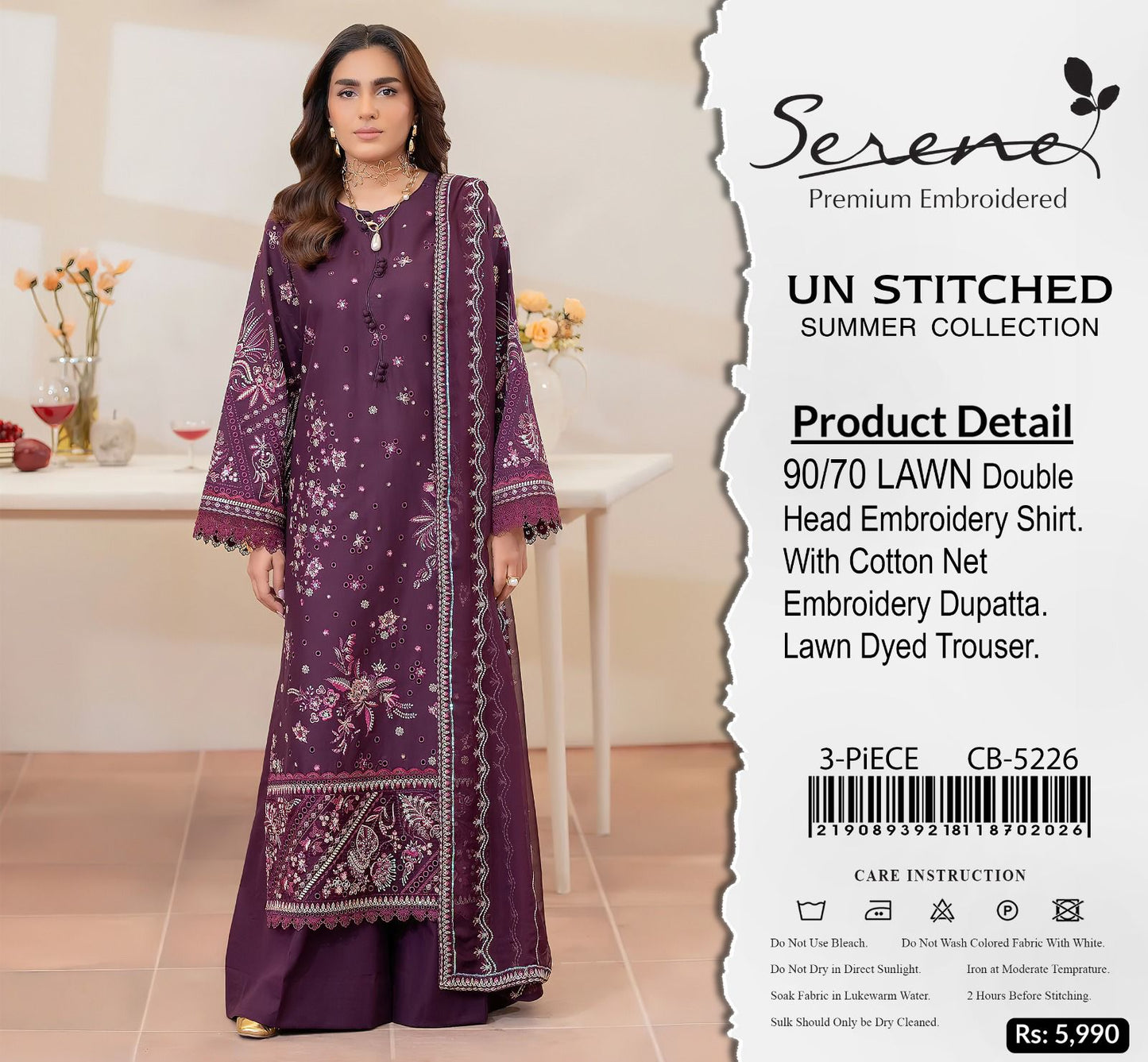 Serene  90/70 Premium Embroidered Lawn - 3 piece unstitched Summer Collection